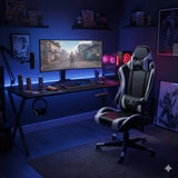 Silla Gamer Valorant Negro y Blanco 52x133cm Reclinable con Soporte Lumbar y Apoya Cabezas