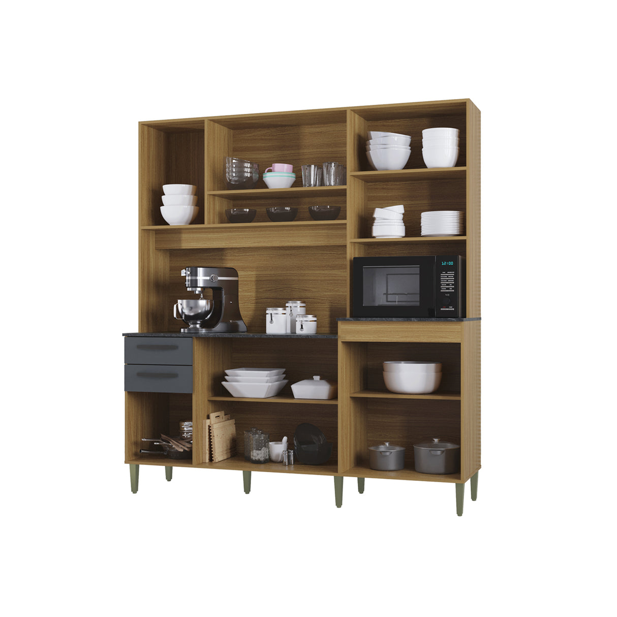 Alacena Elisa Castaño y Gris 180x200cm con Nueve Puertas y con Dos Cajones