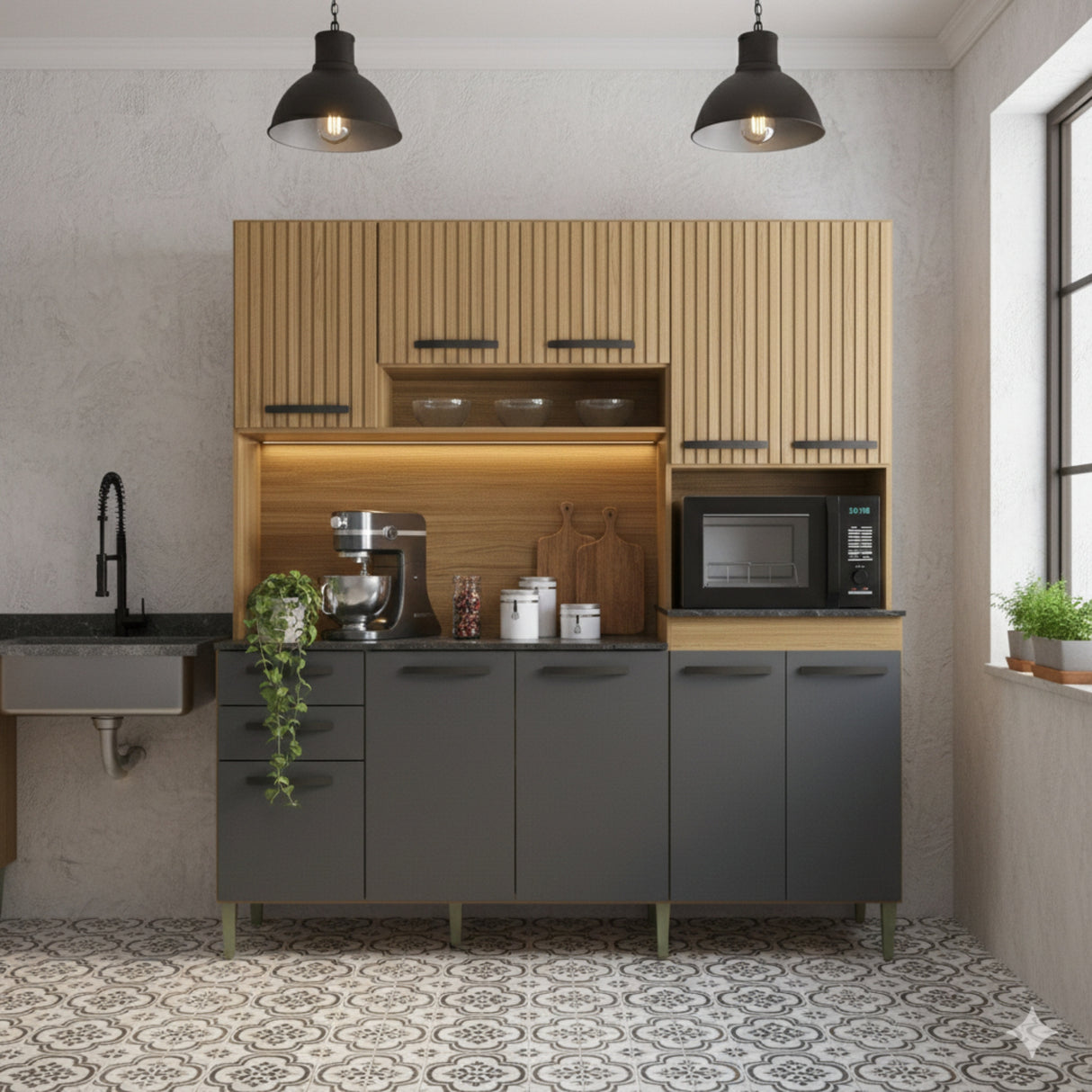 Alacena Elisa Castaño y Gris 180x200cm con Nueve Puertas y con Dos Cajones