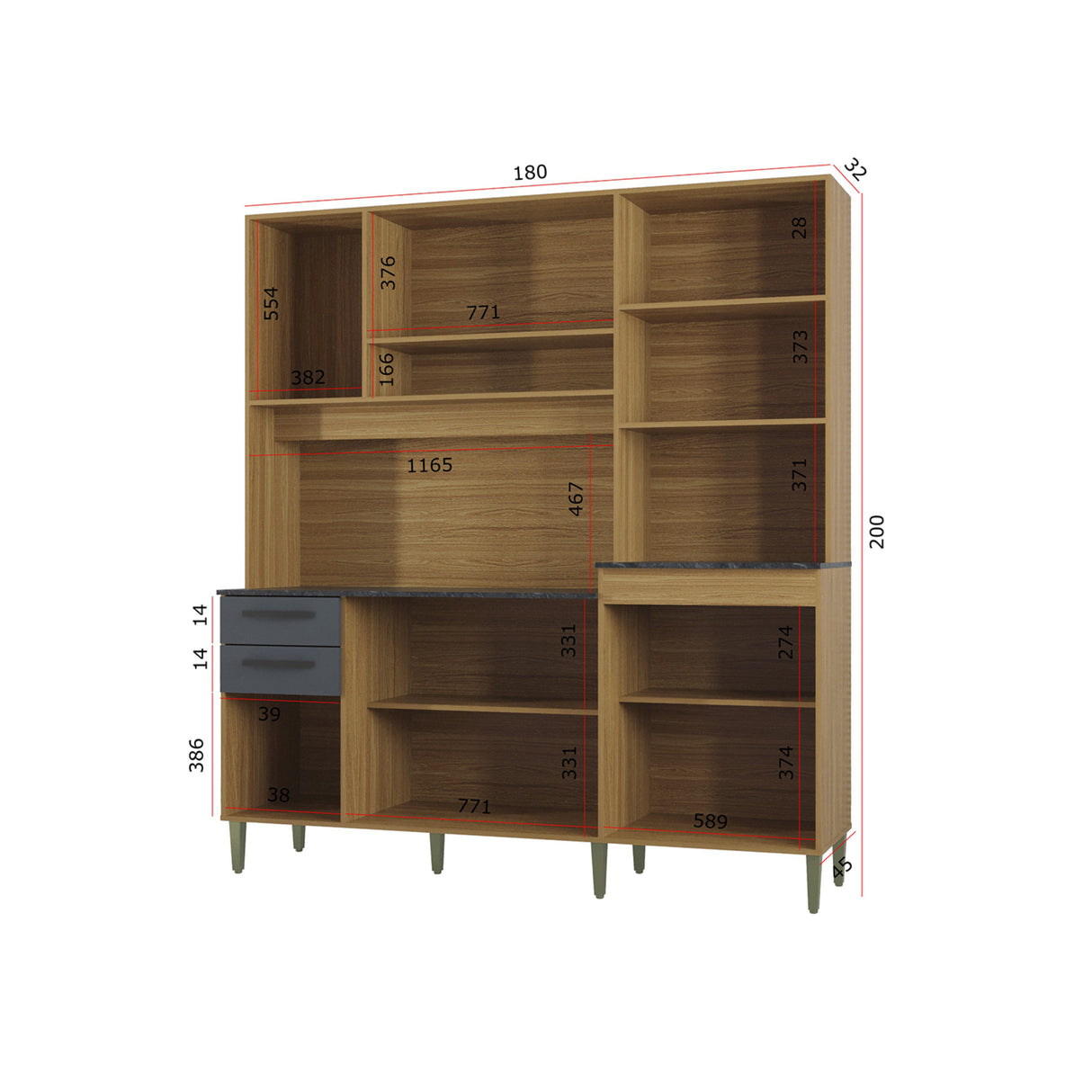 Alacena Elisa Castaño y Gris 180x200cm con Nueve Puertas y con Dos Cajones