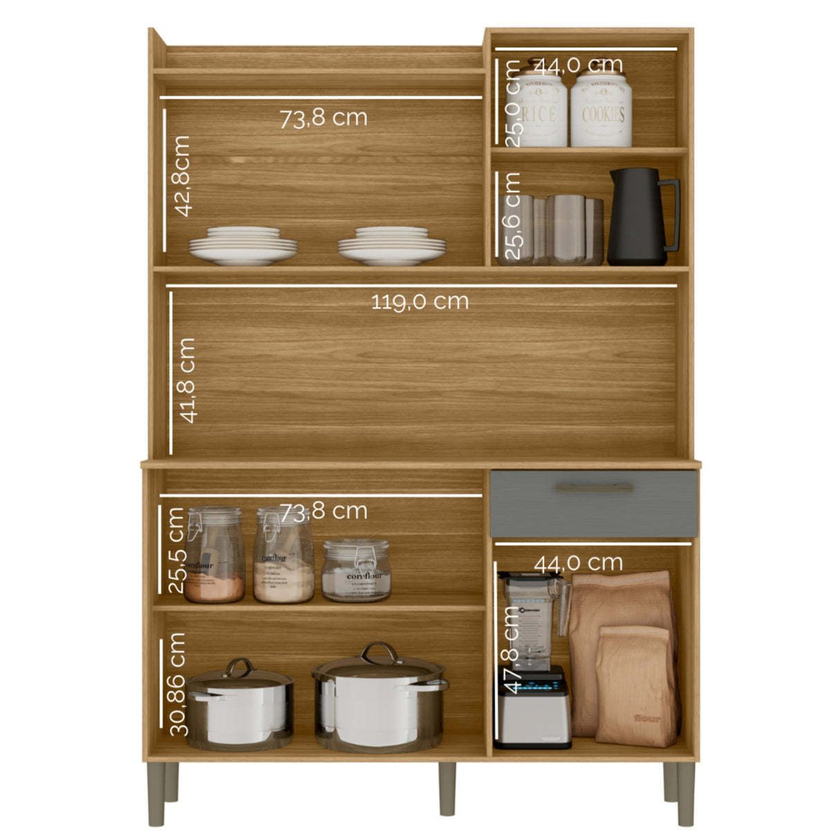 Alacena Moderna Castaño y Beige 132x186cm con Seis Puertas y con Dos Cajones