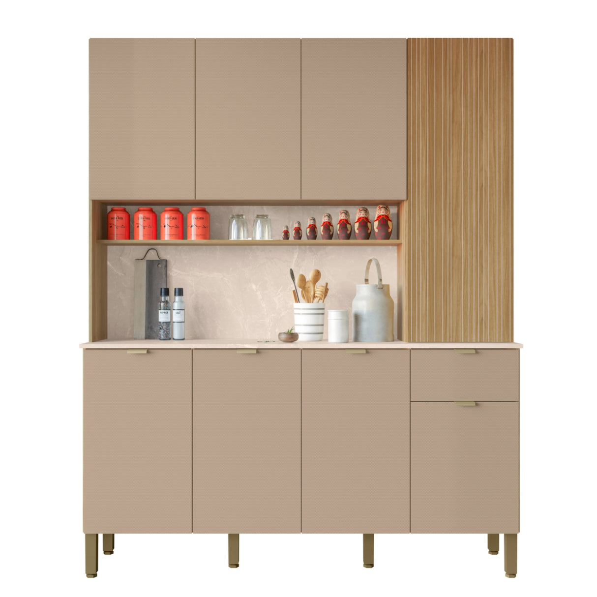 Alacena Slow Castaño y Beige 200x161cm con Ocho Puertas y con Un Cajón - ALACENAS Y MUEBLES MICROONDAS | Bylmo