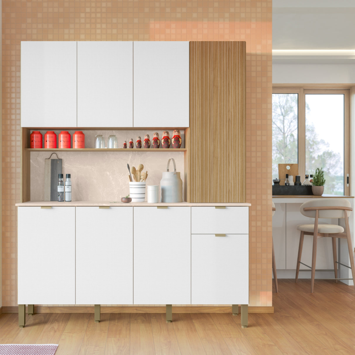 Alacena Slow Castaño y Blanco 200x161cm con Ocho Puertas y con Un Cajón