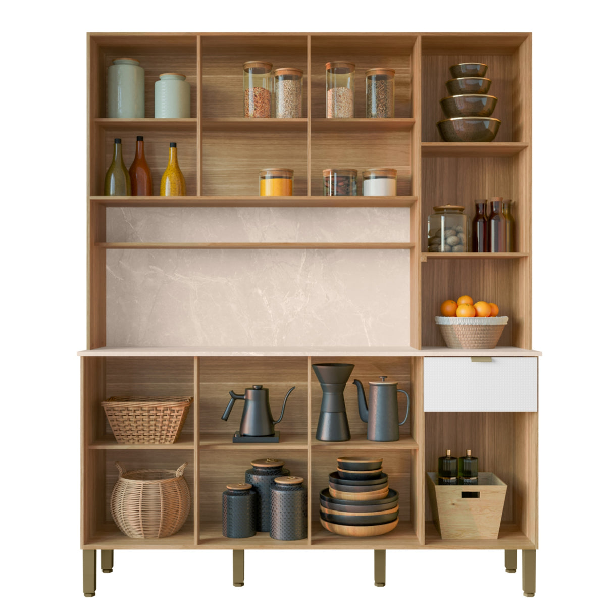 Alacena Slow Castaño y Blanco 200x161cm con Ocho Puertas y con Un Cajón