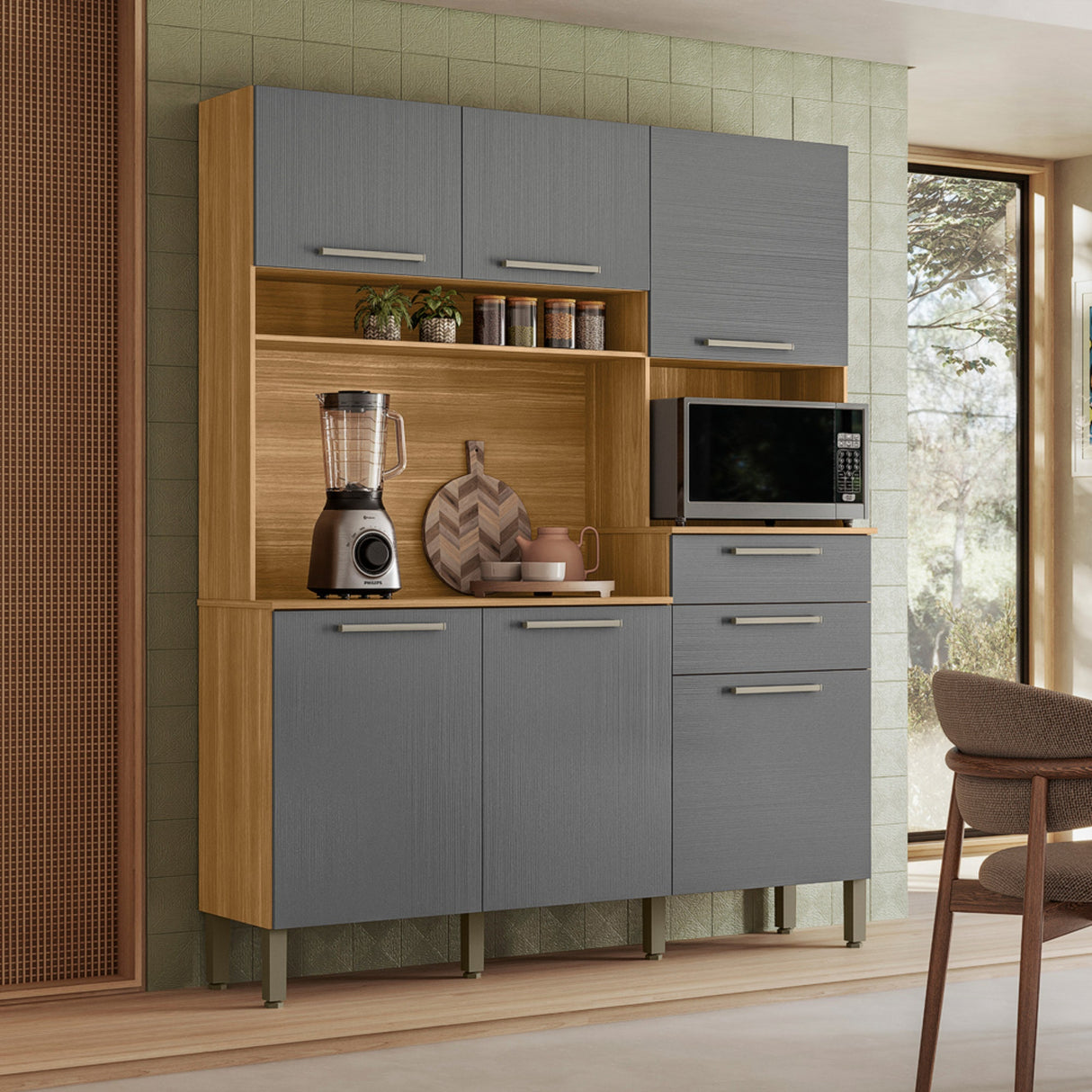 Alacena Montesa Castaño y Gris 196x160cm con Seis Puertas y con Dos Cajones - ALACENAS Y MUEBLES MICROONDAS | Bylmo