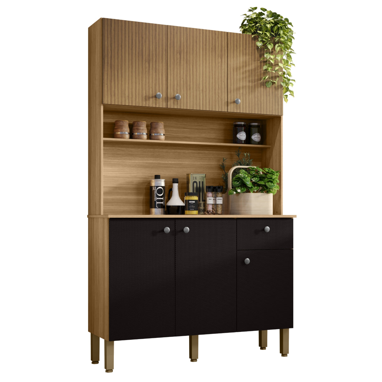 Alacena Style Castaño y Negro 111x185cm con Seis Puertas y con Un Cajón - ALACENAS Y MUEBLES MICROONDAS | Bylmo