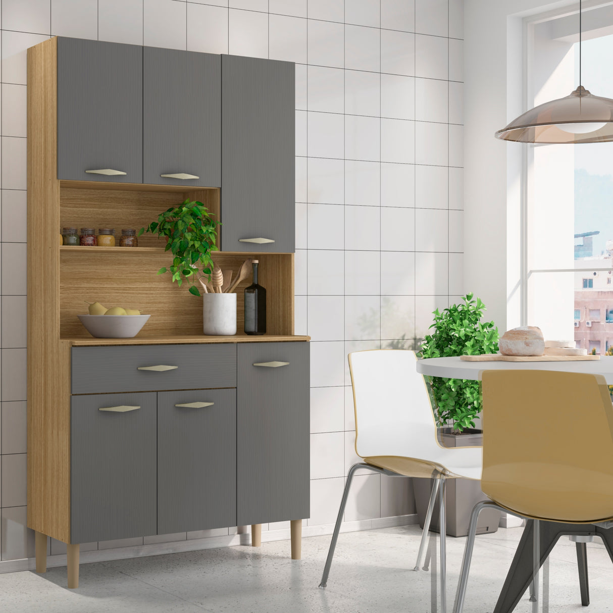 Alacena Juri Castaño y Gris 90x173cm con Seis Puertas y con Un Cajón - ALACENAS Y MUEBLES MICROONDAS | Bylmo