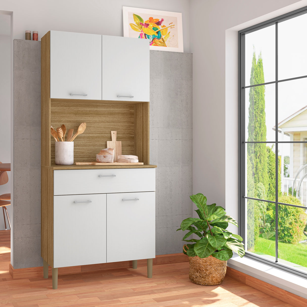 Alacena Cris Castaño y Blanco 86x171cm con Cuatro Puertas y con Un Cajón