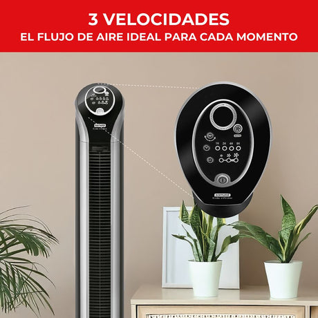 Ventilador de Torre Samurai Eole Infinite Plateado 28x100cm de Tres Velocidades con Control Remoto con Pantalla Digital y con Temporizador - VENTILADORES | Bylmo