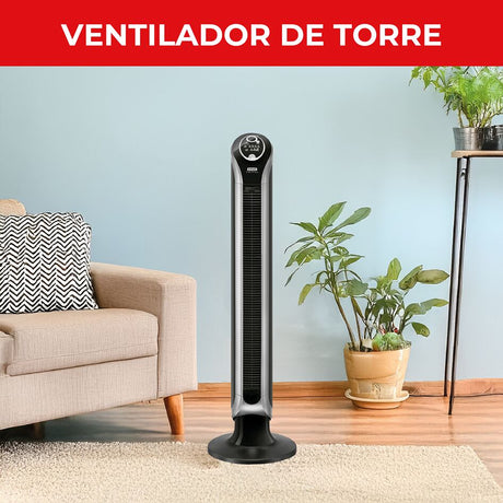 Ventilador de Torre Samurai Eole Infinite Plateado 28x100cm de Tres Velocidades con Control Remoto con Pantalla Digital y con Temporizador - VENTILADORES | Bylmo