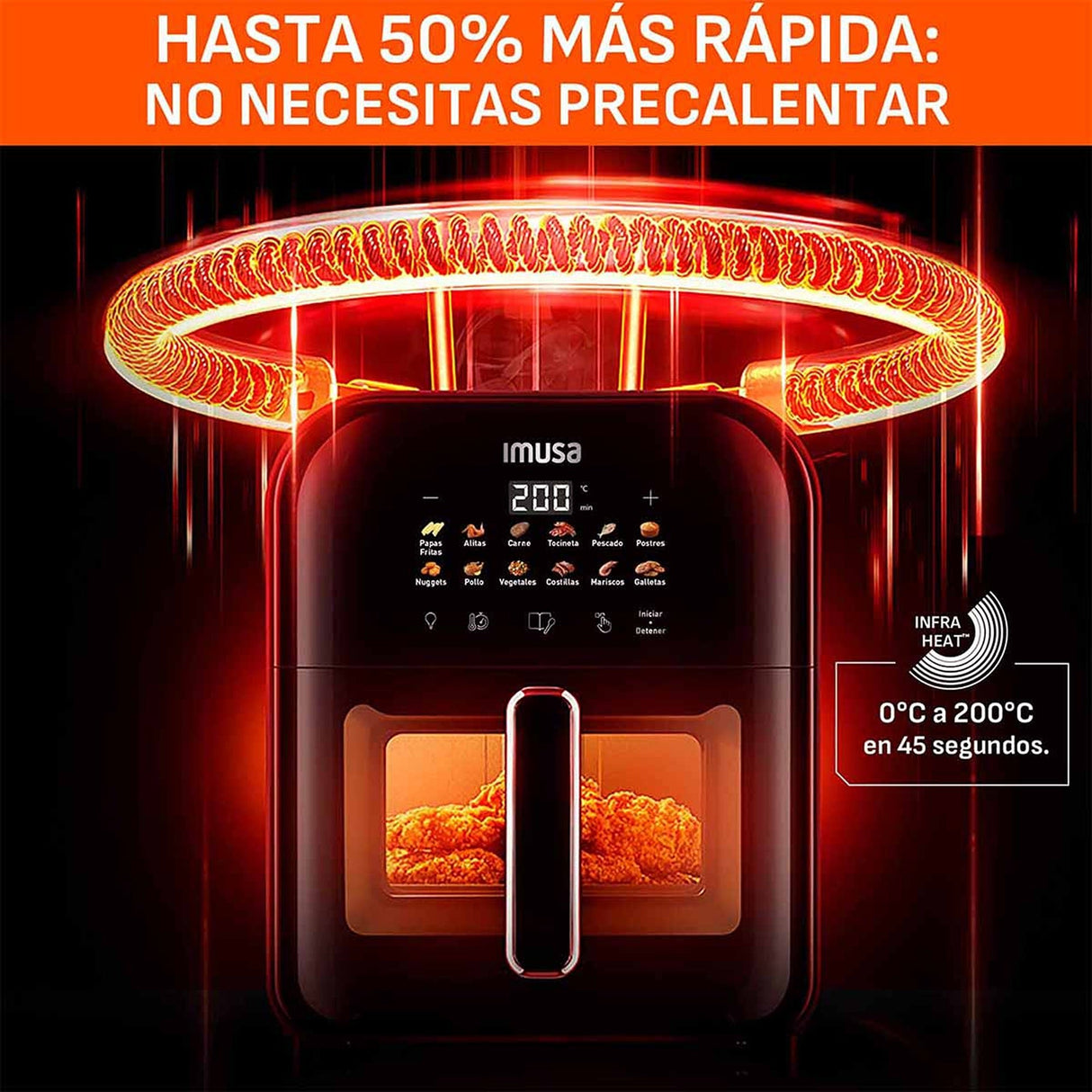 Freidora de Aire Imusa Easy Fry Turbo Negro 36.4x32.6cm de 6 Litros con Pantalla Digital y con 12 Funciones - FREIDORAS DE AIRE | Bylmo