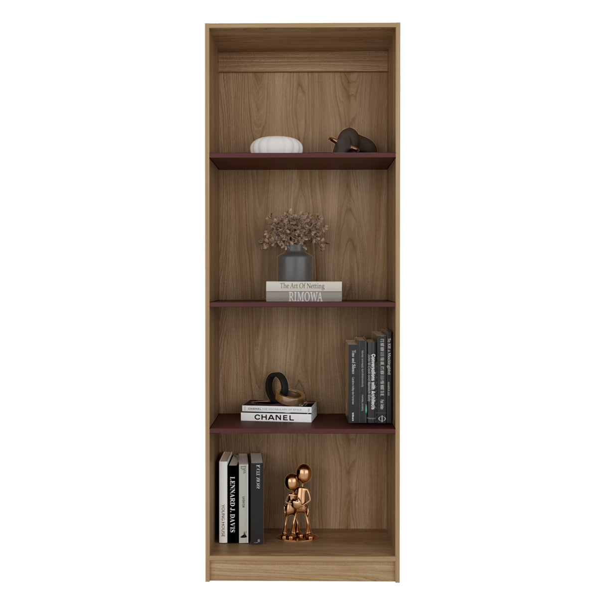 Estantería Home Fresno Europeo y Burdeos 62.8x180.6cm Rectangular con Cuatro Compartimiento y Tres Entrepaños - BIBLIOTECAS Y ESTANTERIAS | Bylmo