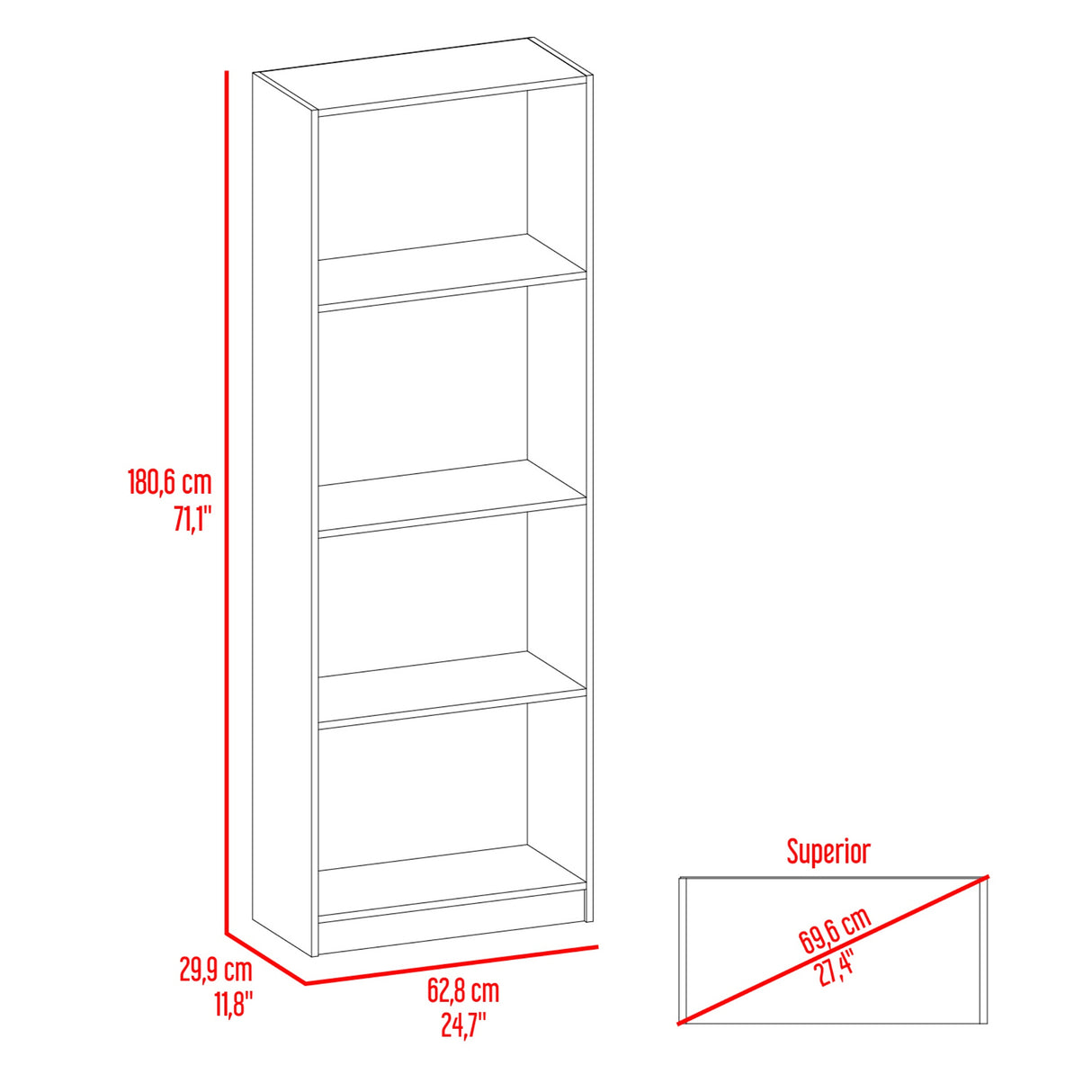 Estantería Home Fresno Europeo y Burdeos 62.8x180.6cm Rectangular con Cuatro Compartimiento y Tres Entrepaños - BIBLIOTECAS Y ESTANTERIAS | Bylmo