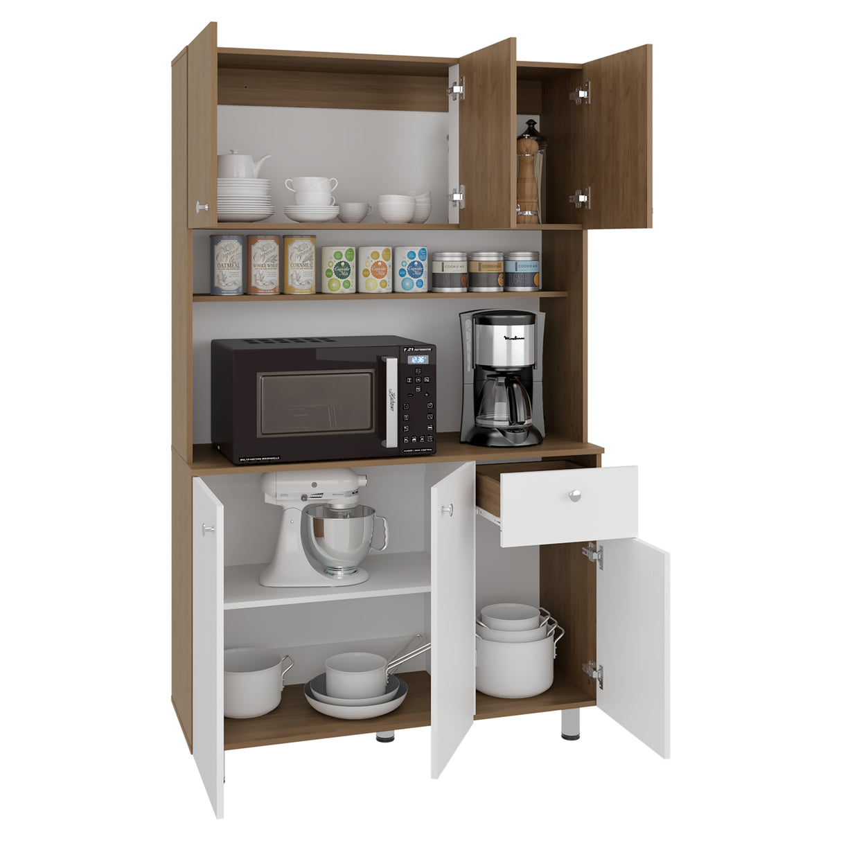 Alacena Wilson Blanco y Fresno 111x185cm Con Espacio para Microondas y con Seis Puertas