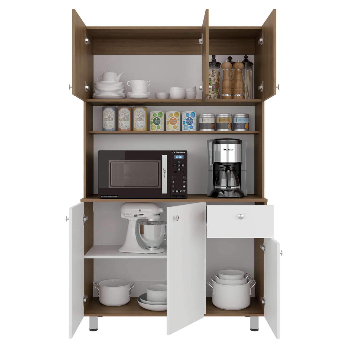 Alacena Wilson Blanco y Fresno 111x185cm Con Espacio para Microondas y con Seis Puertas