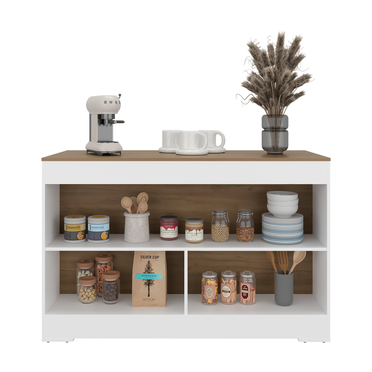 Barra de Cocina Cuenca Blanco y Fresno 138.2x88.5cm con Tres Compartimientos - BARRAS Y MUEBLES AUXILIARES | Bylmo