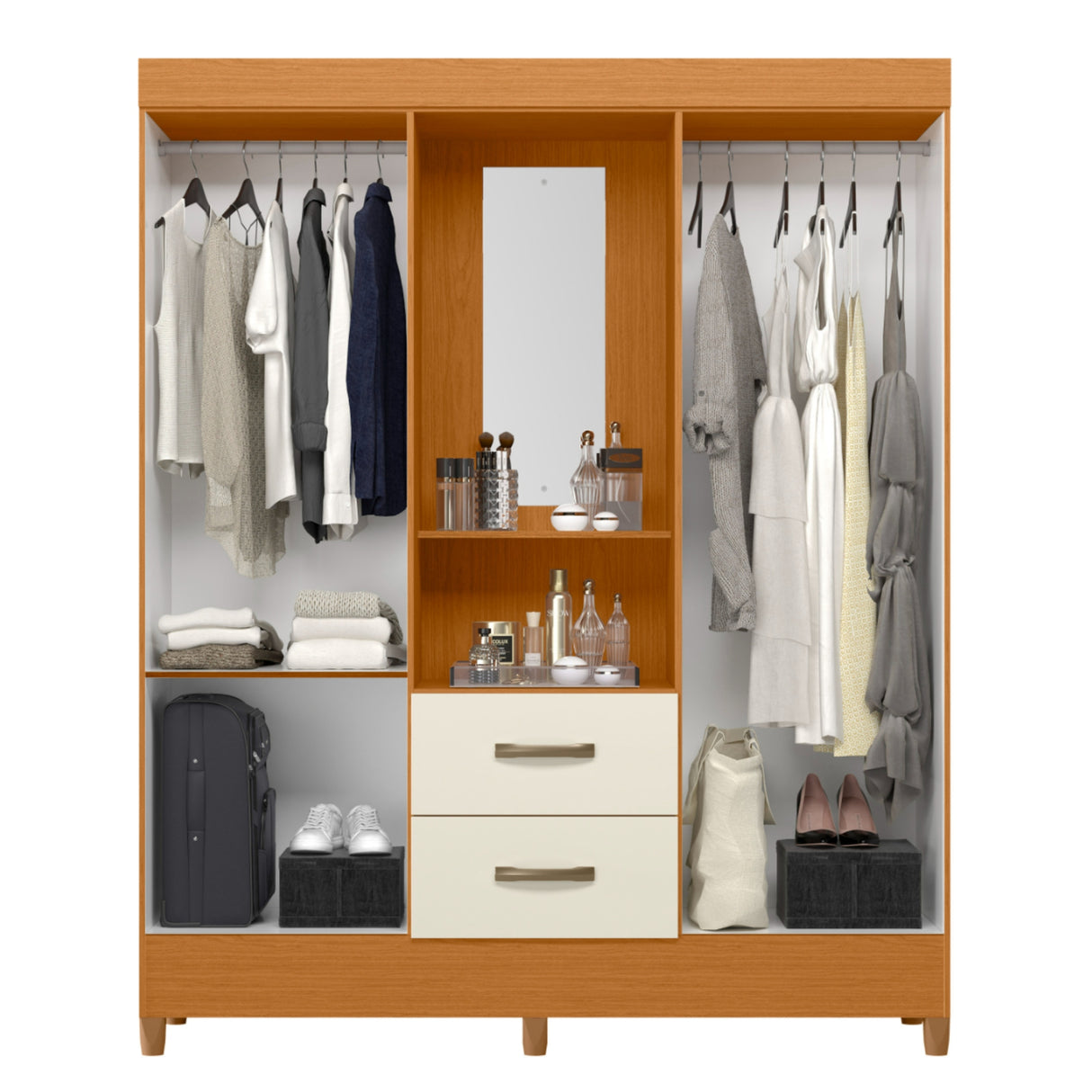 Armario para Ropa Moobi Café y Beige 147x181cm con Dos Cajones con Cuatro Puertas y con Espejo