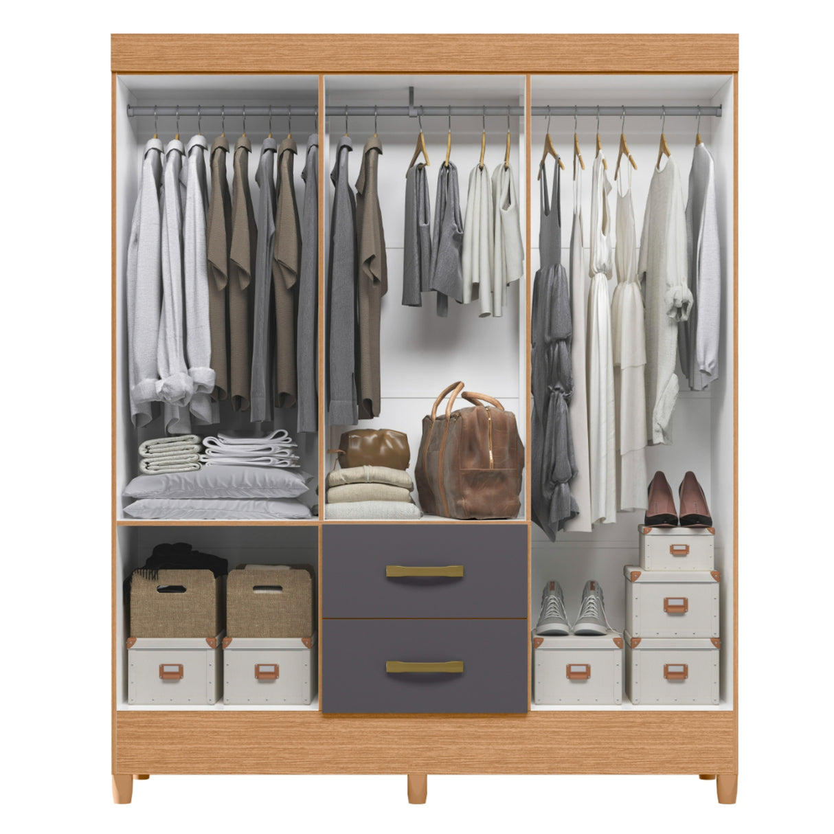 Armario para Ropa Moobi Café y Gris 147x181cm con Dos Cajones y con Seis Puertas