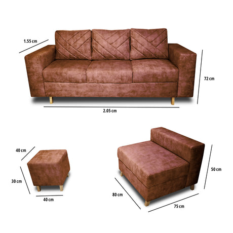 Sala Amsterdam Camel 205x72cm de Tela Amigable con Mascotas + Silla + Puff - SOFAS Y POLTRONAS | Bylmo