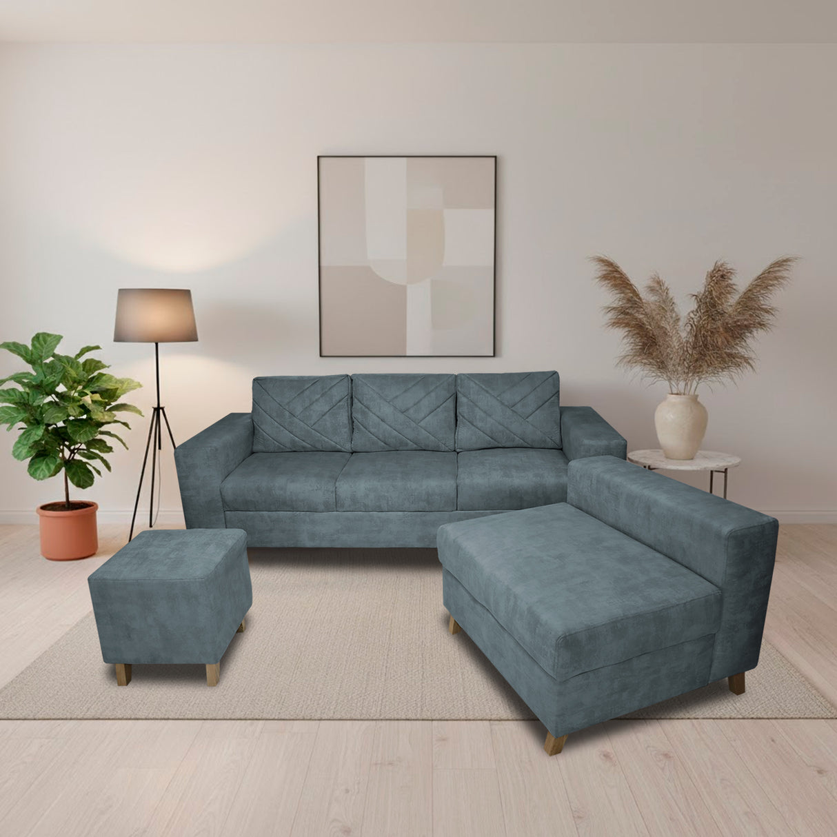 Sala Amsterdam Acero 205x72cm de Tela Amigable con Mascotas + Silla + Puff - SOFAS Y POLTRONAS | Bylmo