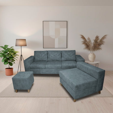 Sala Amsterdam Acero 205x72cm de Tela Amigable con Mascotas + Silla + Puff - SOFAS Y POLTRONAS | Bylmo