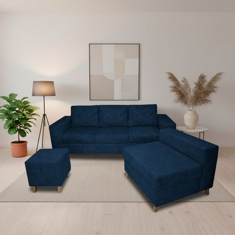 Sala Amsterdam Azul Petróleo 205x72cm de Tela Amigable con Mascotas + Silla + Puff - SOFAS Y POLTRONAS | Bylmo