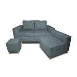 Sala Amsterdam Acero 150x72cm de Tela Amigable con Mascotas + Silla + Puff - SOFAS Y POLTRONAS | Bylmo