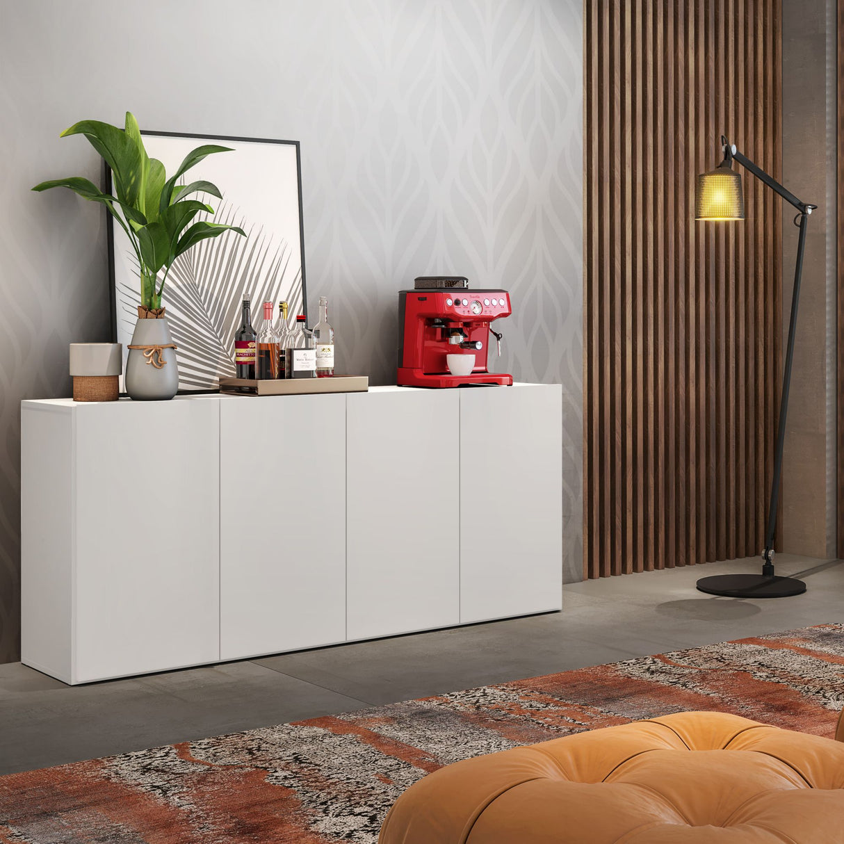 Aparador Veneza Blanco 123x69cm con Cuatro Puertas y Cuatro Compartimientos