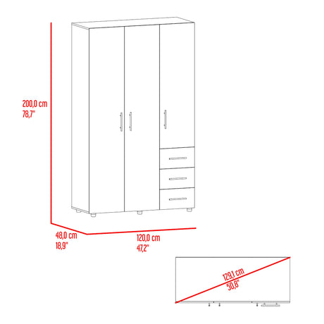 Closet Atenas Fresno Europeo y Blanco 120x200cm con Tres Puertas y con Tres Cajones - CLOSETS | Bylmo