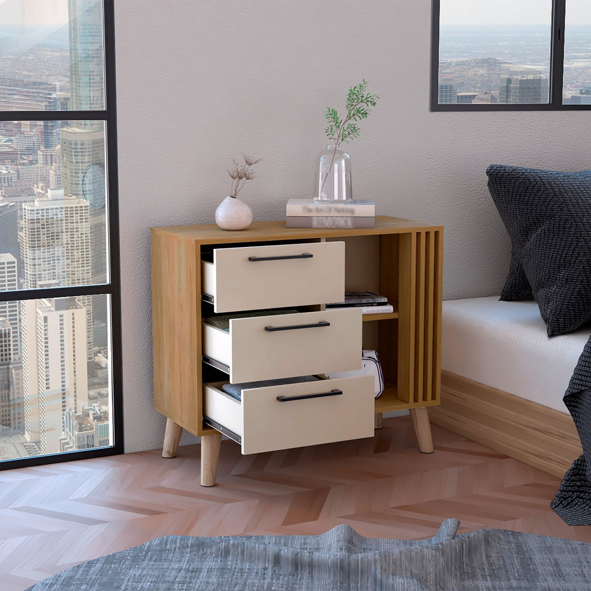 Cajonera Vance Fresno Europeo y Capri 80x64.4cm de Tres Hileras con Tres Cajones