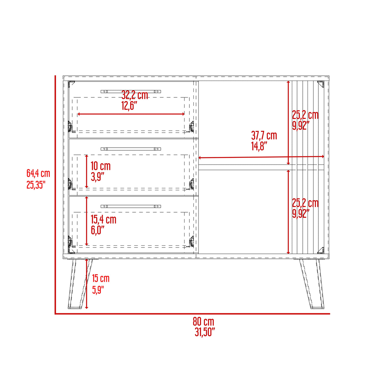 Cajonera Vance Fresno Europeo y Capri 80x64.4cm de Tres Hileras con Tres Cajones