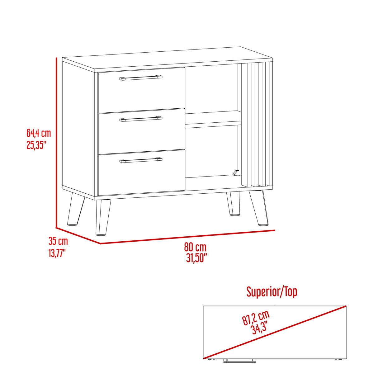 Cajonera Vance Fresno Europeo y Capri 80x64.4cm de Tres Hileras con Tres Cajones