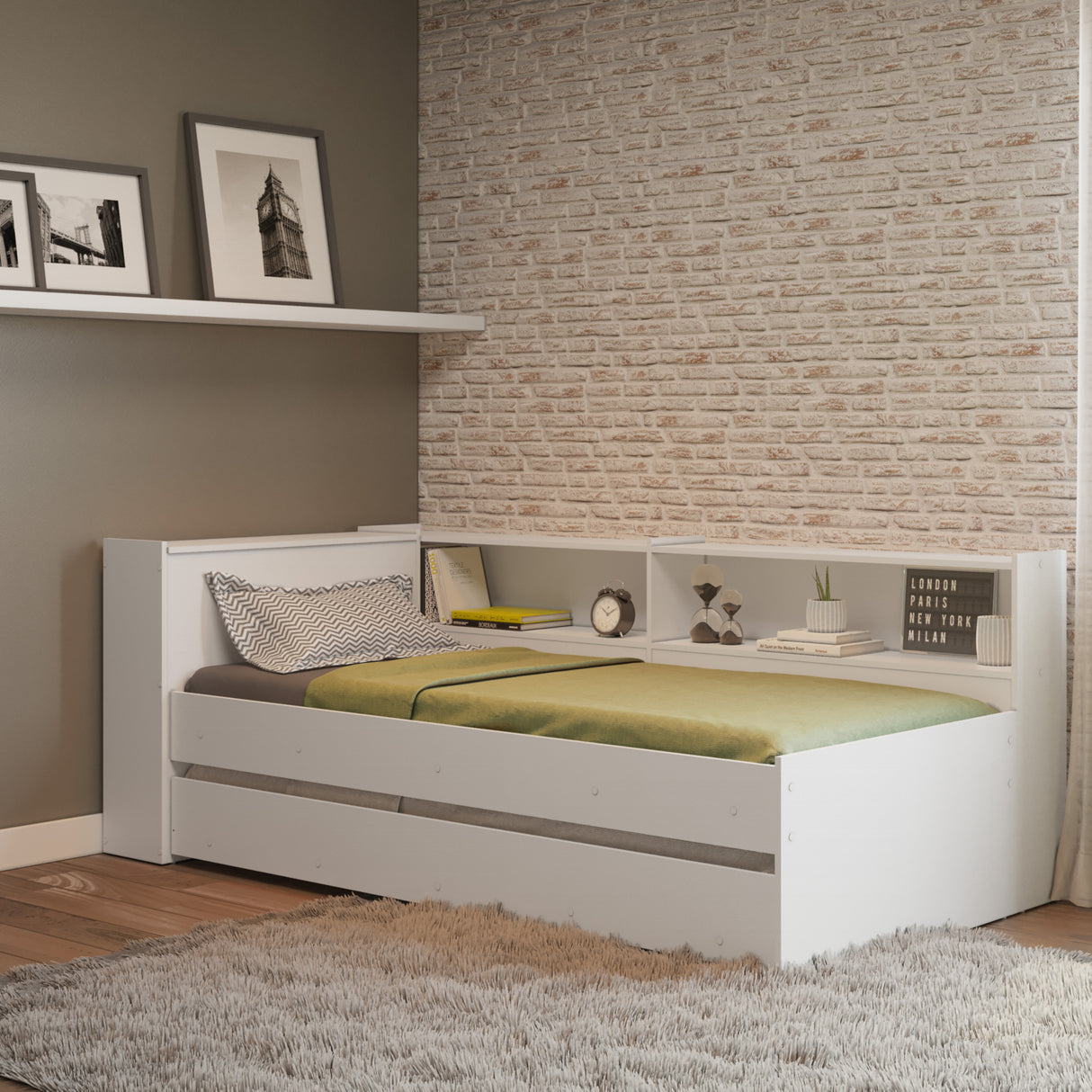 Cama Nido Blanco 110x80cm con Cabecero sin Colchón y con Almacenamiento - CAMAS | Bylmo