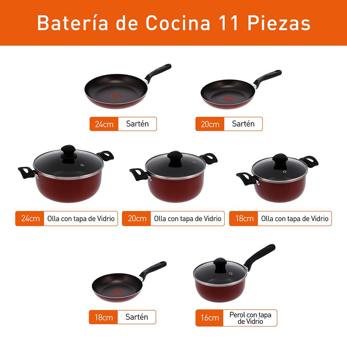 Batería de Cocina Imusa Colors Rojo 42x29.5cm de 11 Piezas Antiadherente - OLLAS Y SARTENES | Bylmo