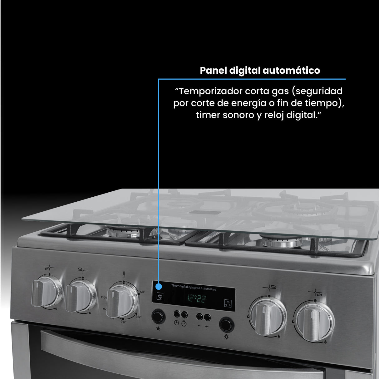 Estufa Challenger Cucina Gris 60x93cm de Gas Natural con Cuatro Quemadores con Pantalla Digital y con Temporizador - ESTUFAS | Bylmo