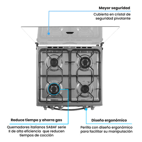 Estufa Challenger Cucina Gris 60x93cm de Gas Propano con Cuatro Quemadores con Pantalla Digital y con Temporizador - ESTUFAS | Bylmo