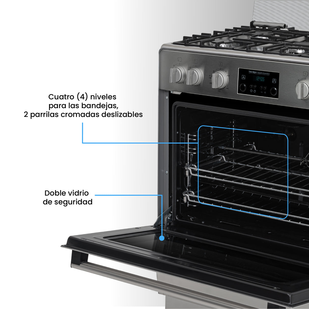 Estufa Challenger Cucina Gris 76x93cm de Gas Propano con Cinco Quemadores y con Temporizador - ESTUFAS | Bylmo