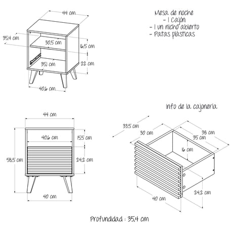 Mesa de Noche Nori Miel 45x63cm con Un Cajón Un Compartimiento y con Patas - MESAS DE NOCHE | Bylmo