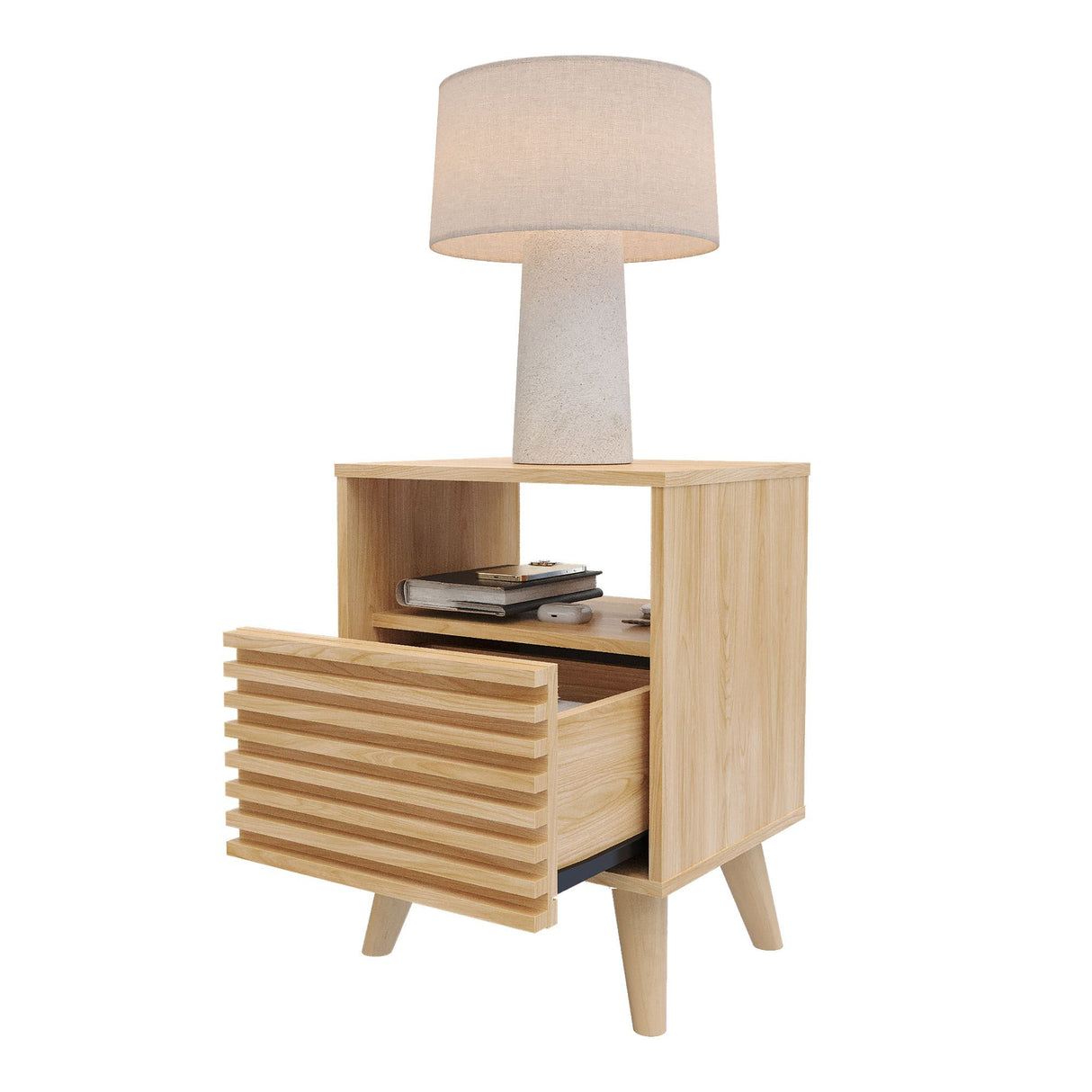 Mesa de Noche Nori Miel 45x63cm con Un Cajón Un Compartimiento y con Patas - MESAS DE NOCHE | Bylmo