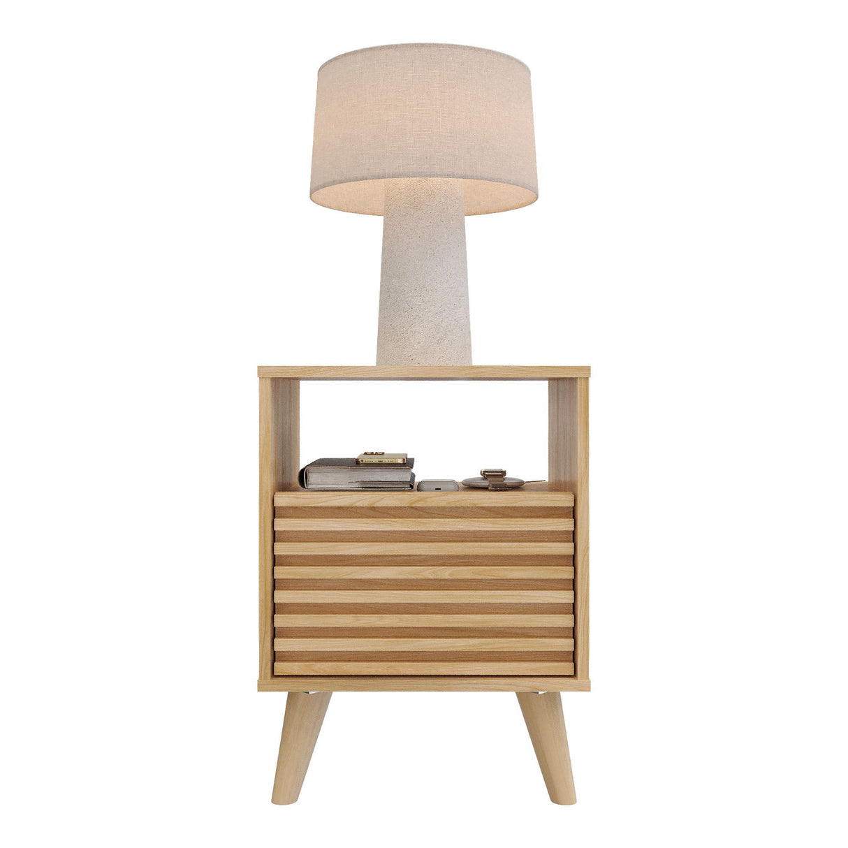 Mesa de Noche Nori Miel 45x63cm con Un Cajón Un Compartimiento y con Patas - MESAS DE NOCHE | Bylmo