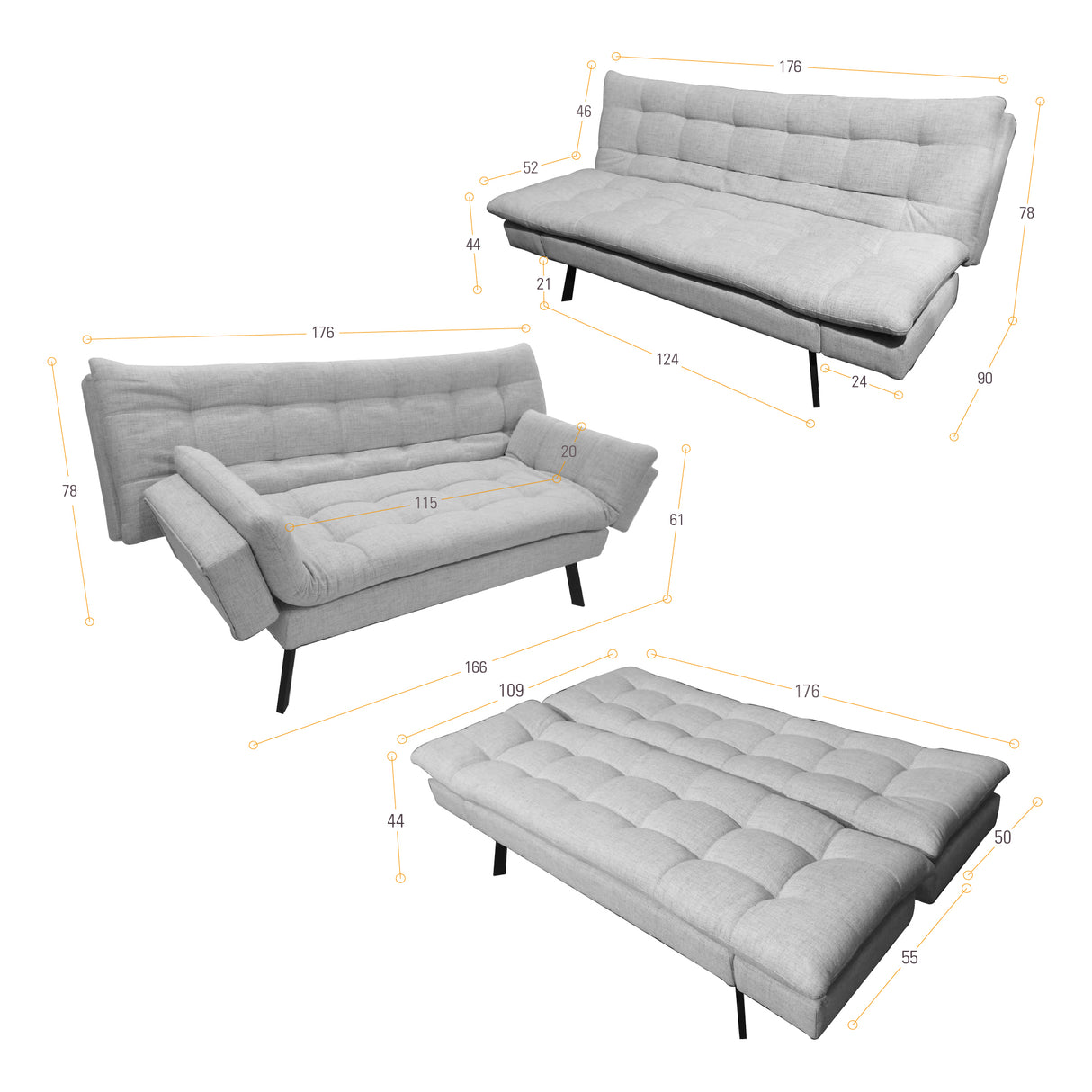 Sofá Cama Milan Plata y Negro Metálico 176x78cm de Tres Puestos y Sin Apoya Brazos - SOFAS Y POLTRONAS | Bylmo