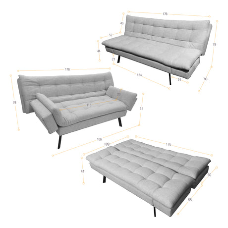 Sofá Cama Milan Plata y Negro Metálico 176x78cm de Tres Puestos y Sin Apoya Brazos - SOFAS Y POLTRONAS | Bylmo