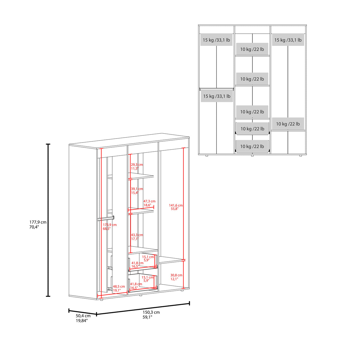 Closet Bariloche Nogal 150.3x177.9cm con Cuatro Puertas y con Dos Cajones - CLOSETS | Bylmo