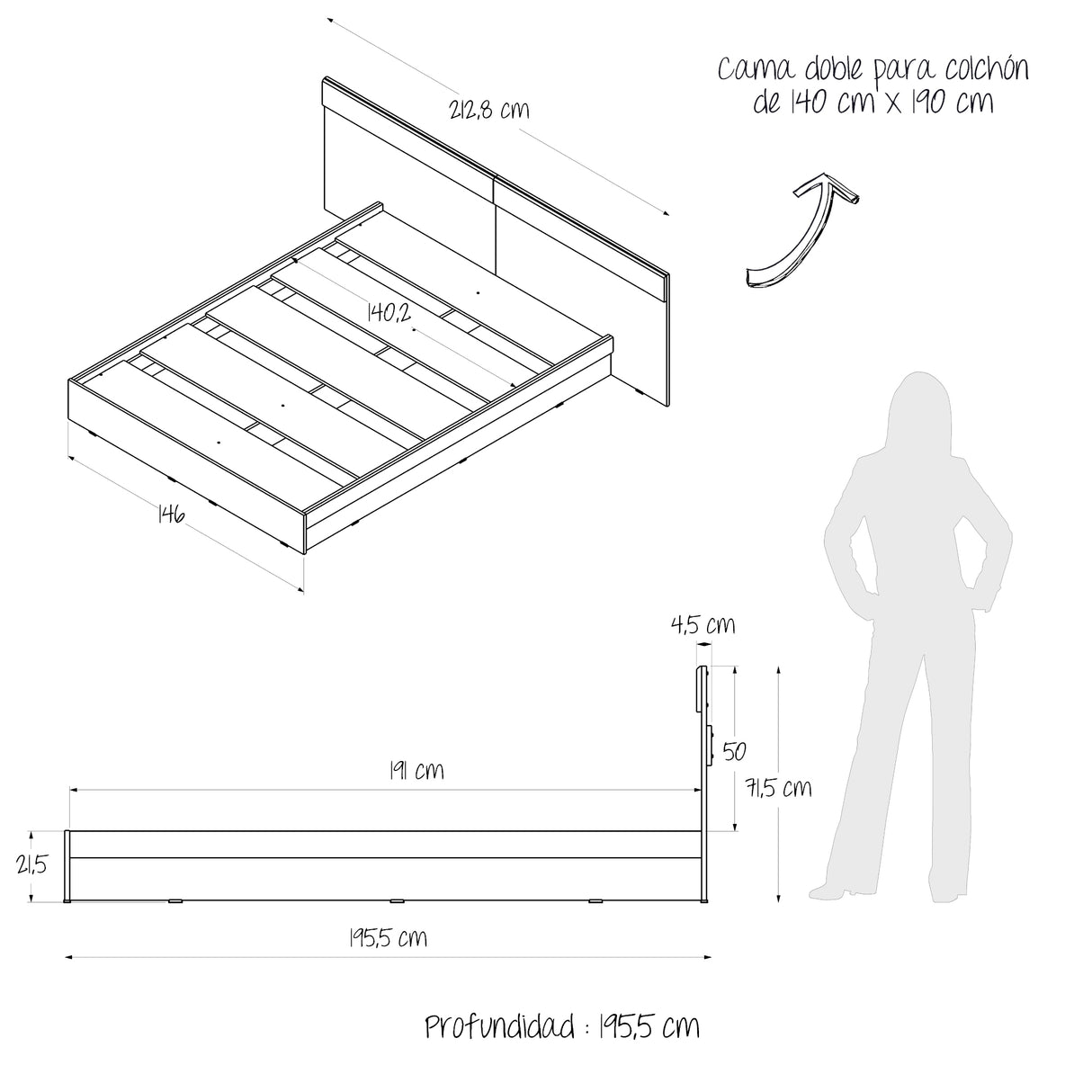 Base Cama Verona Duna y Blanco 212x71cm para Cama Doble 140 X 200 Cm con Cabecero - CAMAS | Bylmo