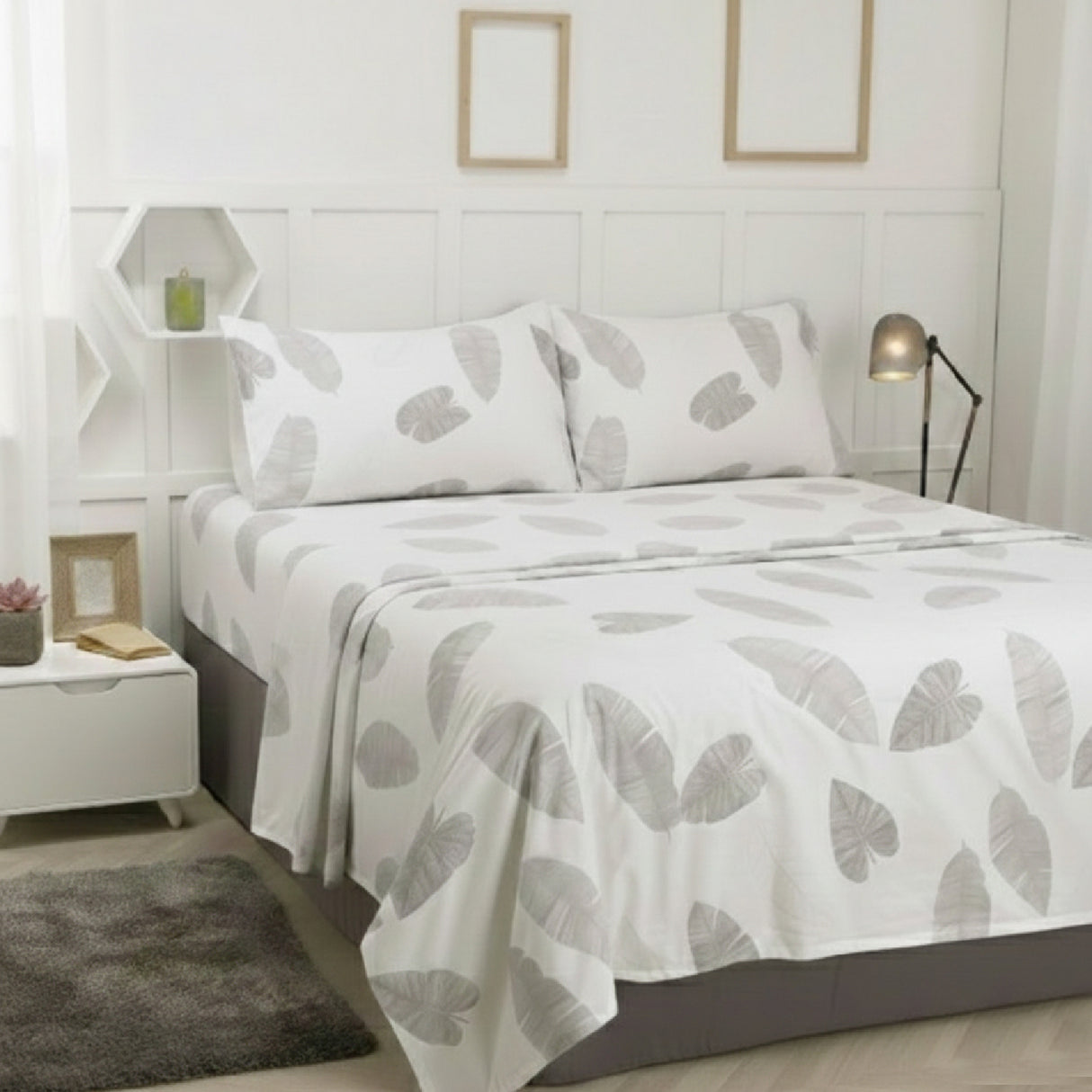 Juego de Sabanas Leaf Gray Blanco para colchón Semidoble 120 X 190 Cm 200 Hilos Con Elastico - SABANAS | Bylmo