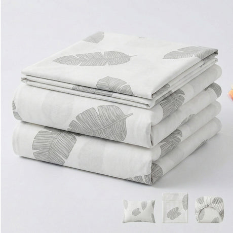 Juego de Sabanas Leaf Gray Blanco para colchón Queen 160 X 190 Cm 200 Hilos Con Elastico - SABANAS | Bylmo