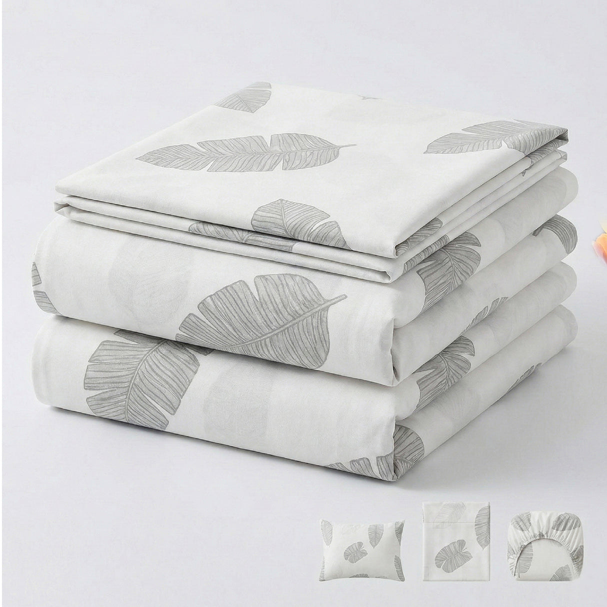 Juego de Sabanas Leaf Gray Blanco para colchón King 200 X 200 Cm 200 Hilos Con Elastico - SABANAS | Bylmo