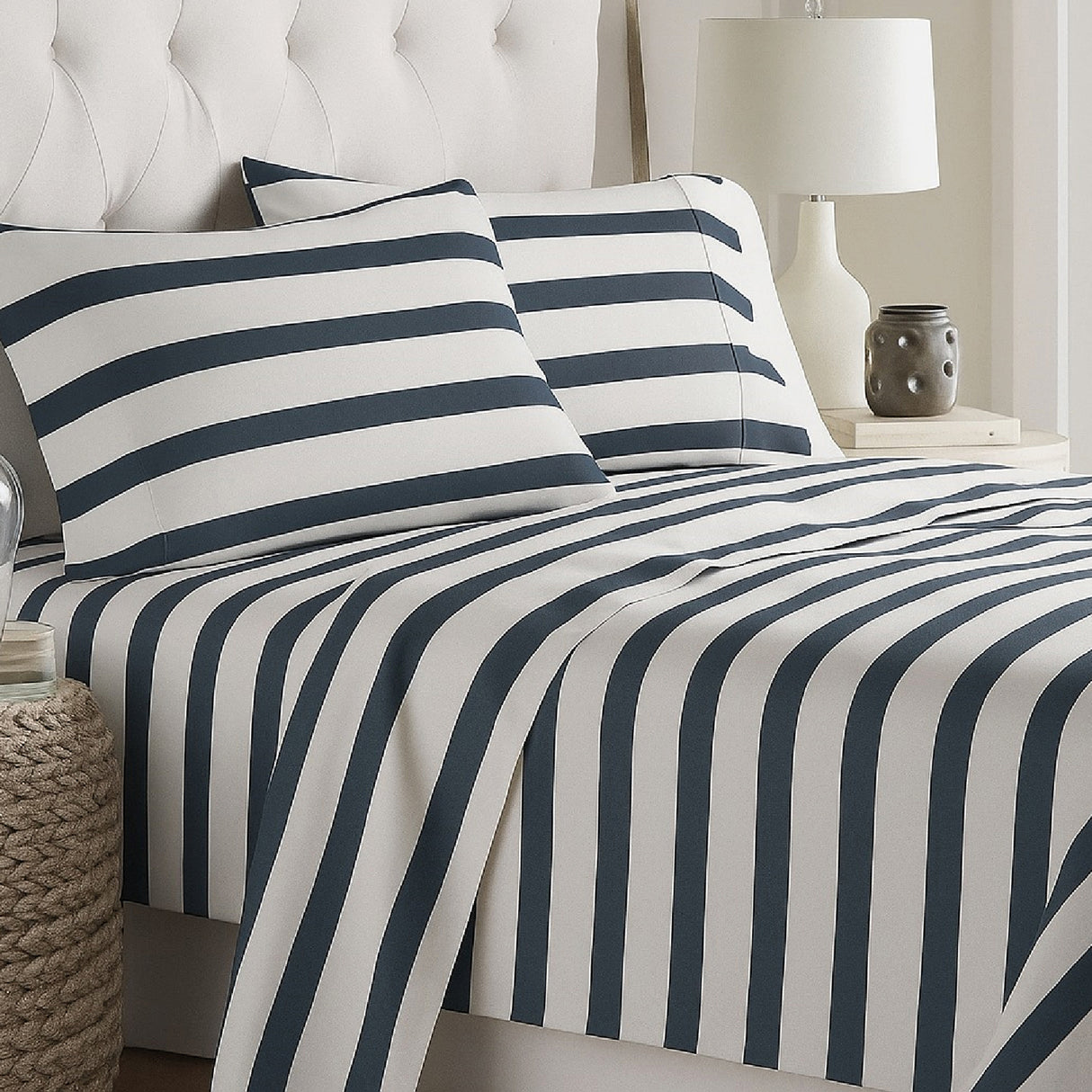 Juego de Sabanas Navy Print Blanco para colchón Sencillo 100 X 190 Cm 200 Hilos Con Elastico - SABANAS | Bylmo
