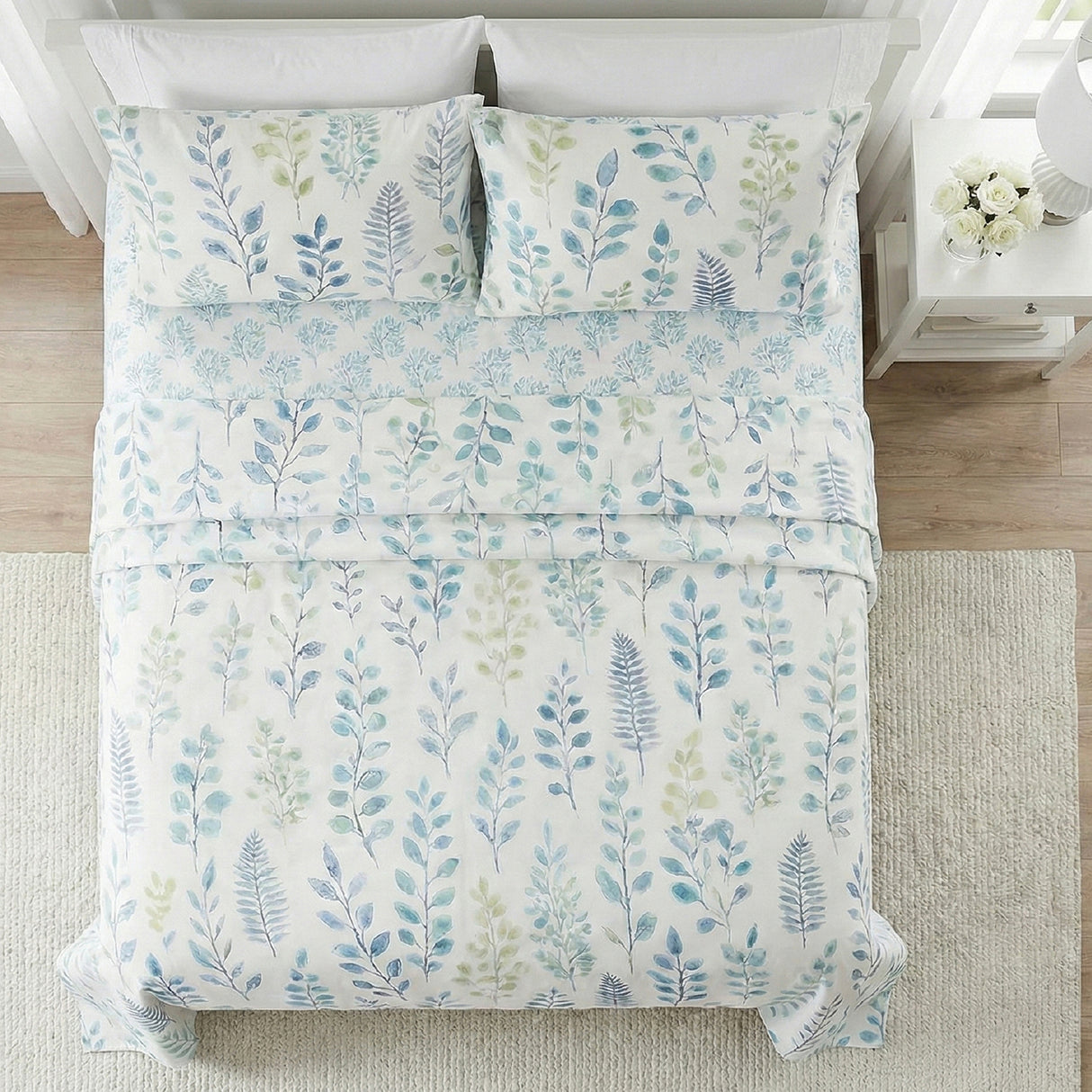 Juego de Sabanas Botanic Print Blanco para colchón Doble 140 X 190 Cm 200 Hilos Con Elastico - SABANAS | Bylmo
