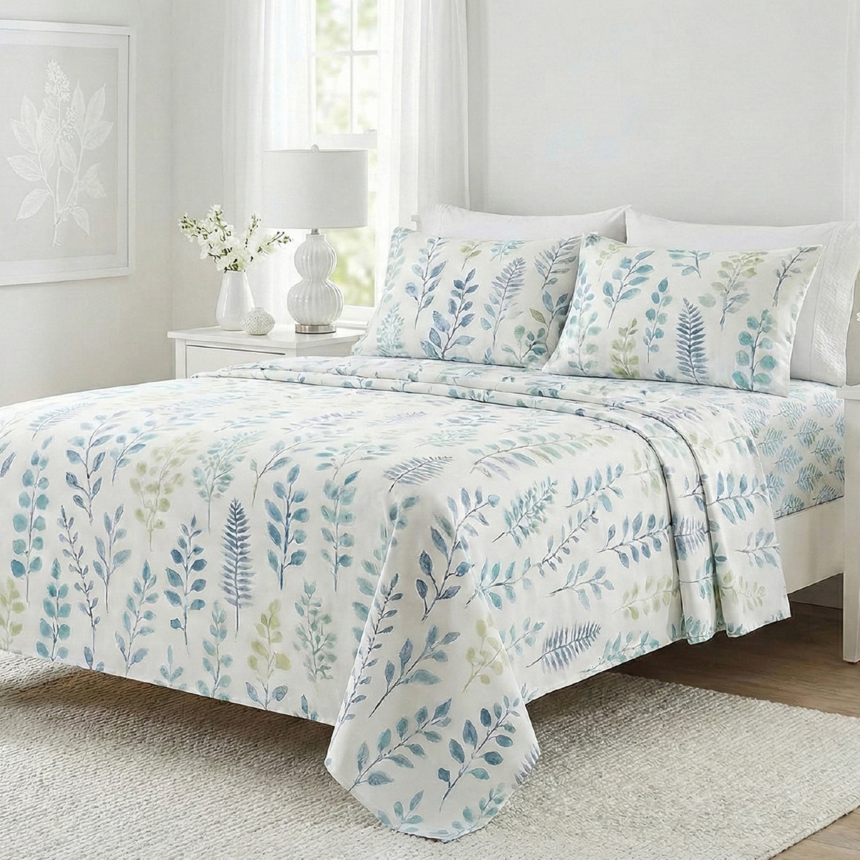 Juego de Sabanas Botanic Print Blanco para colchón Queen 160 X 190 Cm 200 Hilos Con Elastico - SABANAS | Bylmo
